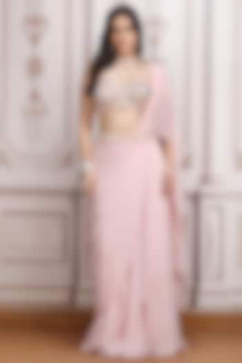 Pastel Pink Metallic Georgette Pre-Draped Reception Saree Set by Mandira Wirk - Indian at Pernia's Pop Up Shop