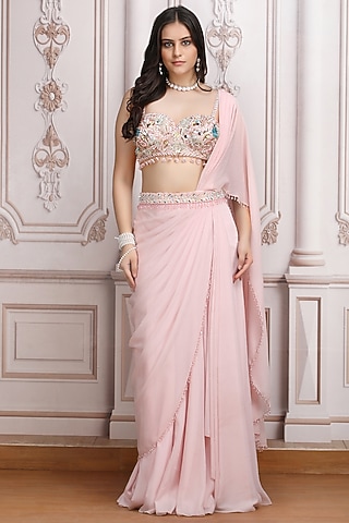 Pastel Pink Metallic Georgette Pre-Draped Saree Set by Mandira Wirk - Indian