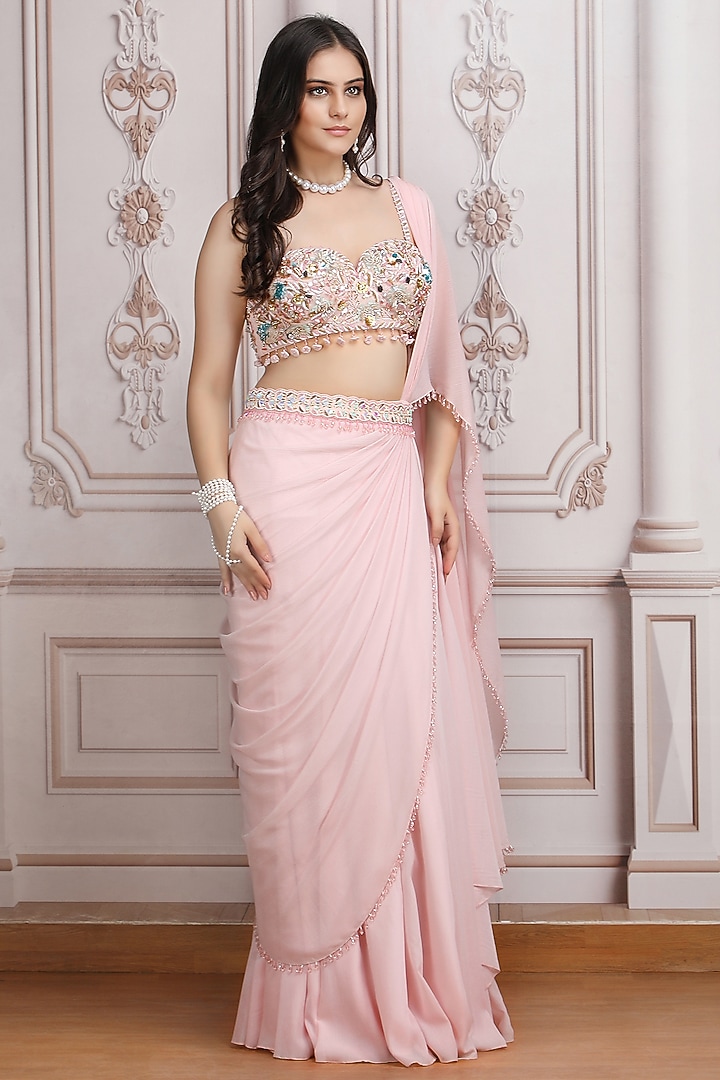 Pastel Pink Metallic Georgette Pre-Draped Reception Saree Set by Mandira Wirk - Indian at Pernia's Pop Up Shop