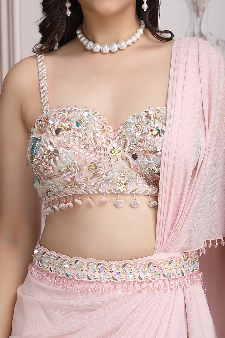 Pastel Pink Metallic Georgette Pre-Draped Reception Saree Set by Mandira Wirk - Indian at Pernia's Pop Up Shop