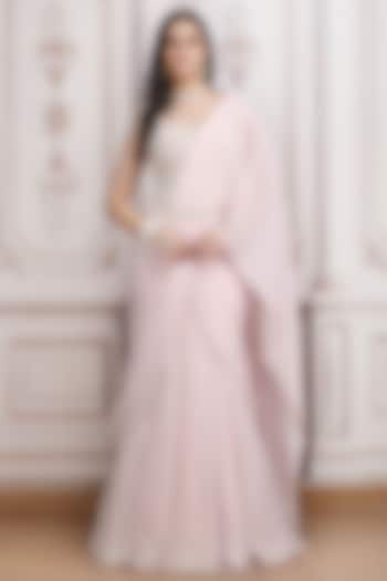 Blush Pink Metallic Georgette Pre-Draped Reception Saree Set by Mandira Wirk - Indian at Pernia's Pop Up Shop