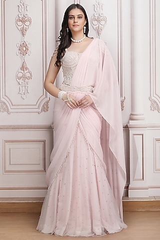 Blush Pink Metallic Georgette Pre-Draped Saree Set by Mandira Wirk - Indian