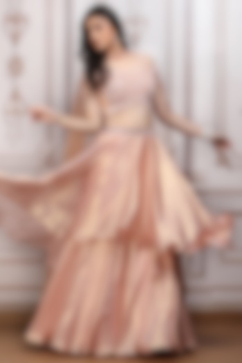 Peach Lurex Georgette Layered Wedding Lehenga Set by Mandira Wirk - Indian at Pernia's Pop Up Shop