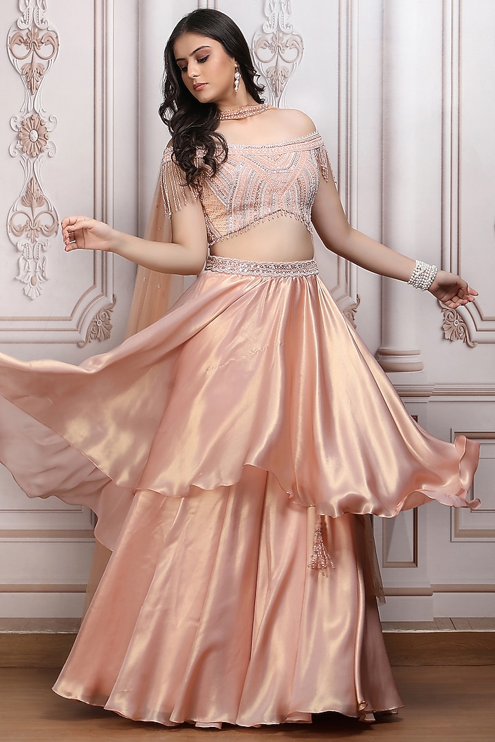 Peach Lurex Georgette Layered Wedding Lehenga Set by Mandira Wirk - Indian at Pernia's Pop Up Shop
