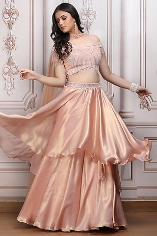 Peach Lurex Georgette Layered Lehenga Set by Mandira Wirk - Indian