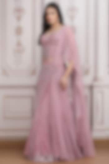 Onion Pink Shimmer Lycra Reception Lehenga Saree Set by Mandira Wirk - Indian at Pernia's Pop Up Shop
