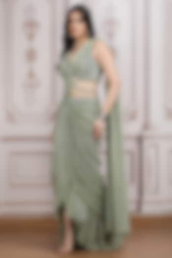 Sage Green Shimmer Lycra Pre-Draped Reception Saree Set by Mandira Wirk - Indian at Pernia's Pop Up Shop