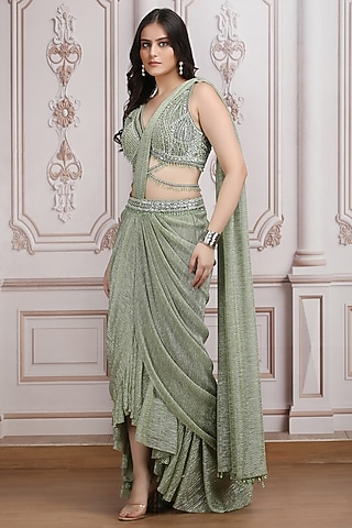 Sage Green Shimmer Lycra Pre-Draped Saree Set by Mandira Wirk - Indian