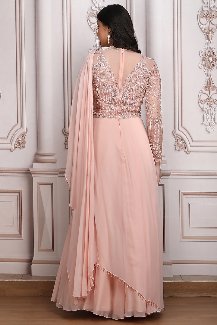 Blush Pink Chiffon Embroidered Reception Gown Saree by Mandira Wirk - Indian at Pernia's Pop Up Shop