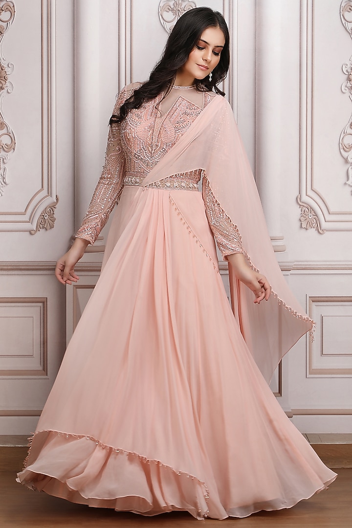 Blush Pink Chiffon Embroidered Reception Gown Saree by Mandira Wirk - Indian at Pernia's Pop Up Shop