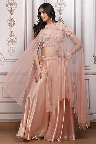 Blush Peach Lurex Georgette Palazzo Pant Set by Mandira Wirk - Indian