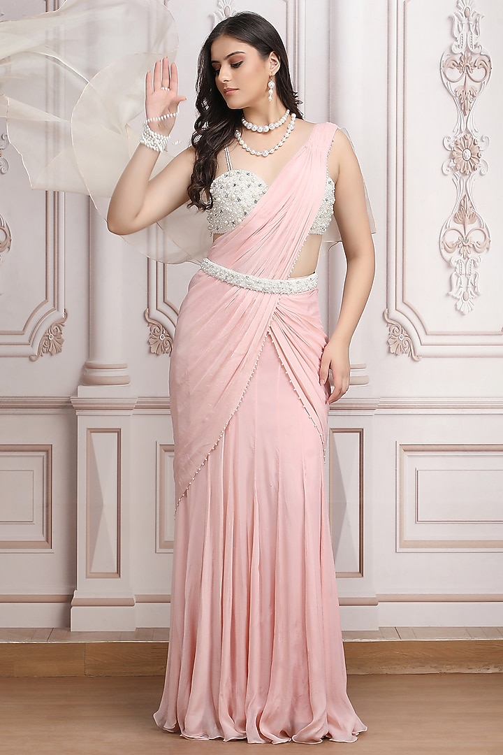 Blush Pink Chiffon Embroidered Draped Wedding Saree Set by Mandira Wirk - Indian at Pernia's Pop Up Shop