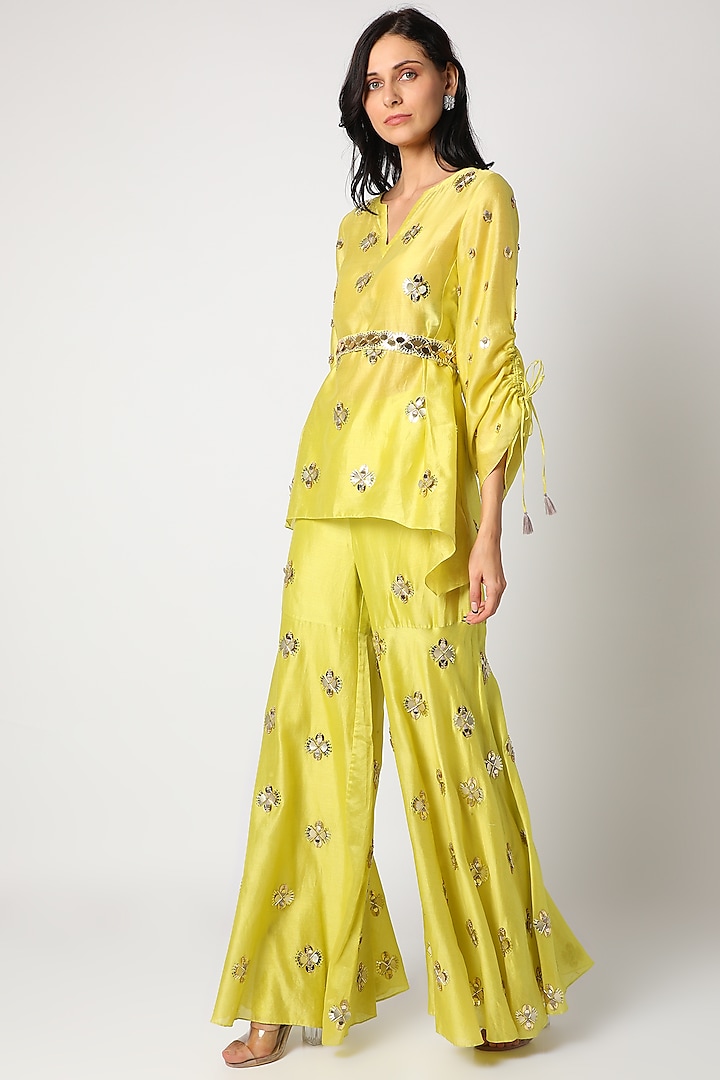 Lime Green Embroidered Sharara Set by Maison Blu
