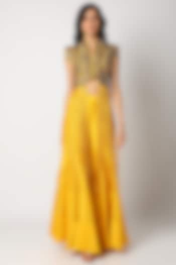 Mustard Yellow Embroidered Sharara Set by Maison Blu at Pernia's Pop Up Shop