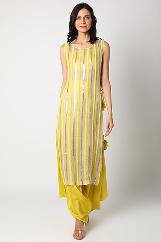 Yellow Embroidered Kurta Set by Maison Blu