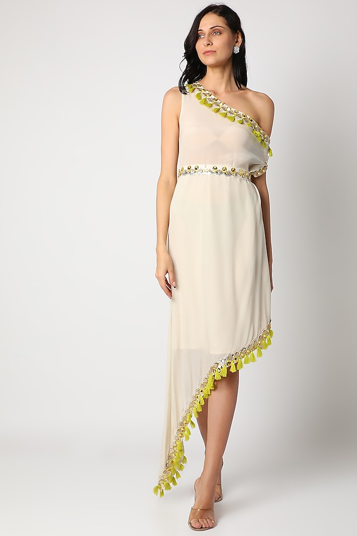 Ivory Embroidered Dress With Belt by Maison Blu