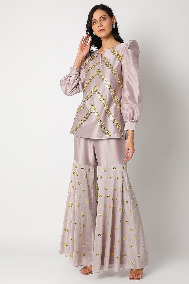 Mauve Embroidered Sharara Set by Maison Blu