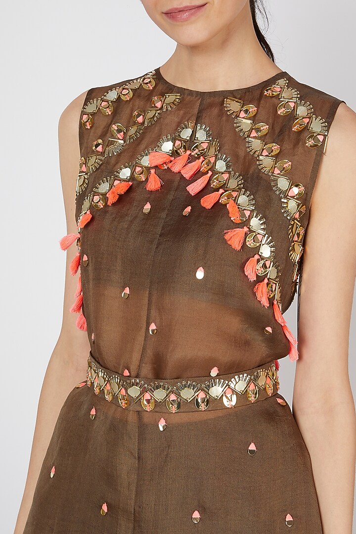 Olive Green Skirt Set With Tasseled Cape by Maison Blu at Pernia's Pop Up Shop