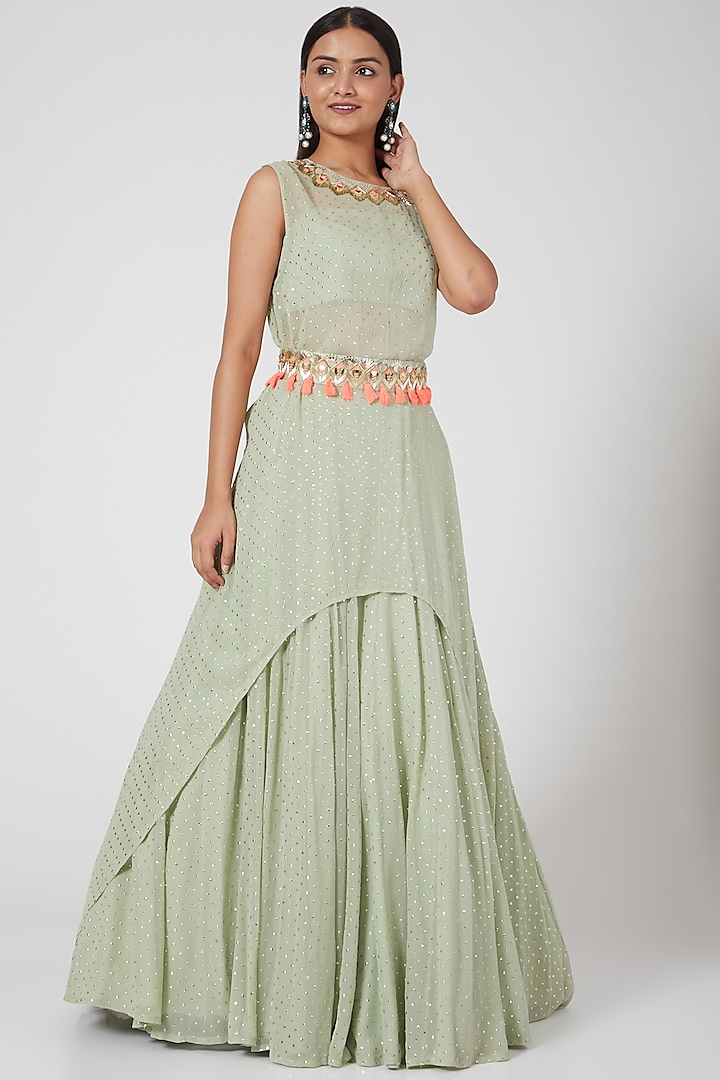 Pistachio Green Embroidered Skirt Set by Maison Blu