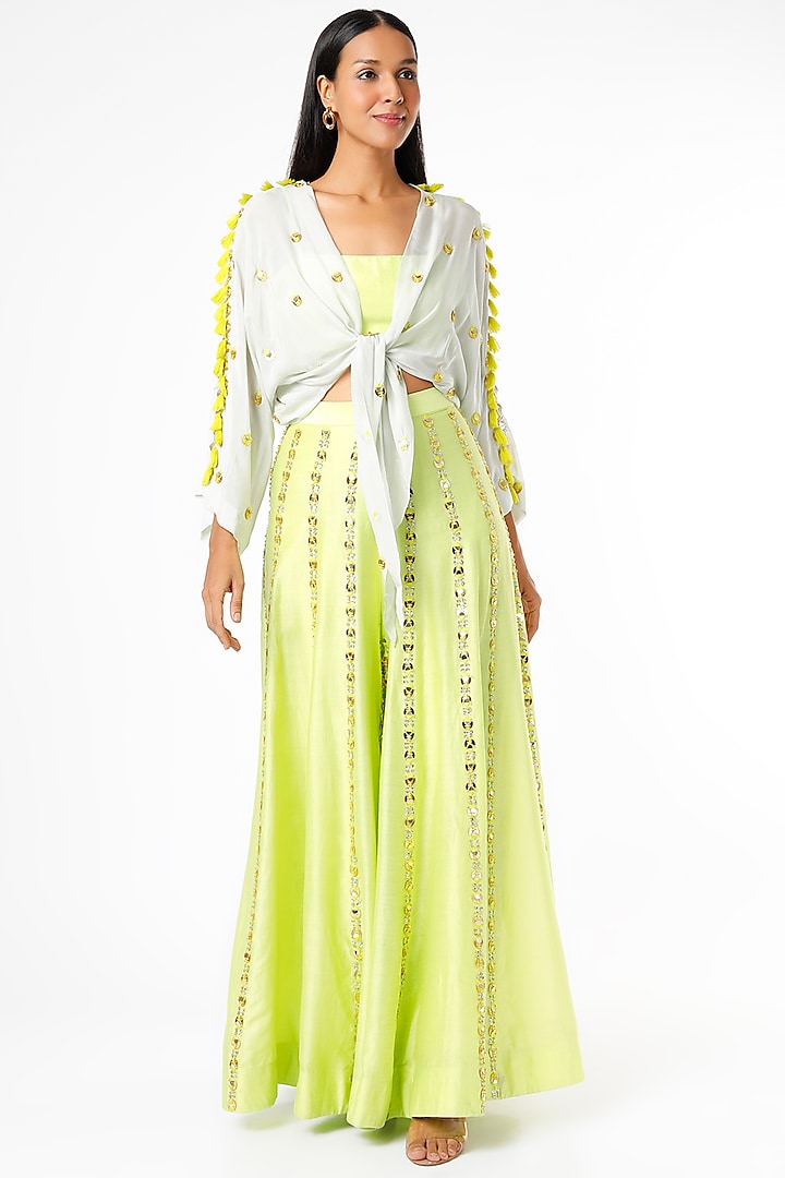 Lime Embroidered Sharara Set by Maison Blu