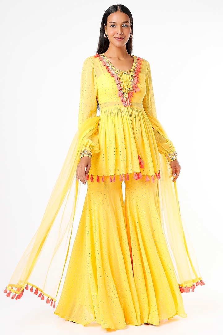 Yellow Foil Georgette Gharara Set by Maison Blu at Pernia's Pop Up Shop