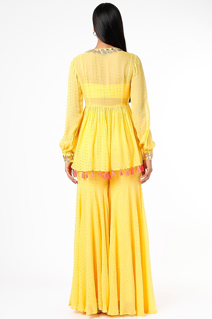 Yellow Foil Georgette Gharara Set by Maison Blu at Pernia's Pop Up Shop