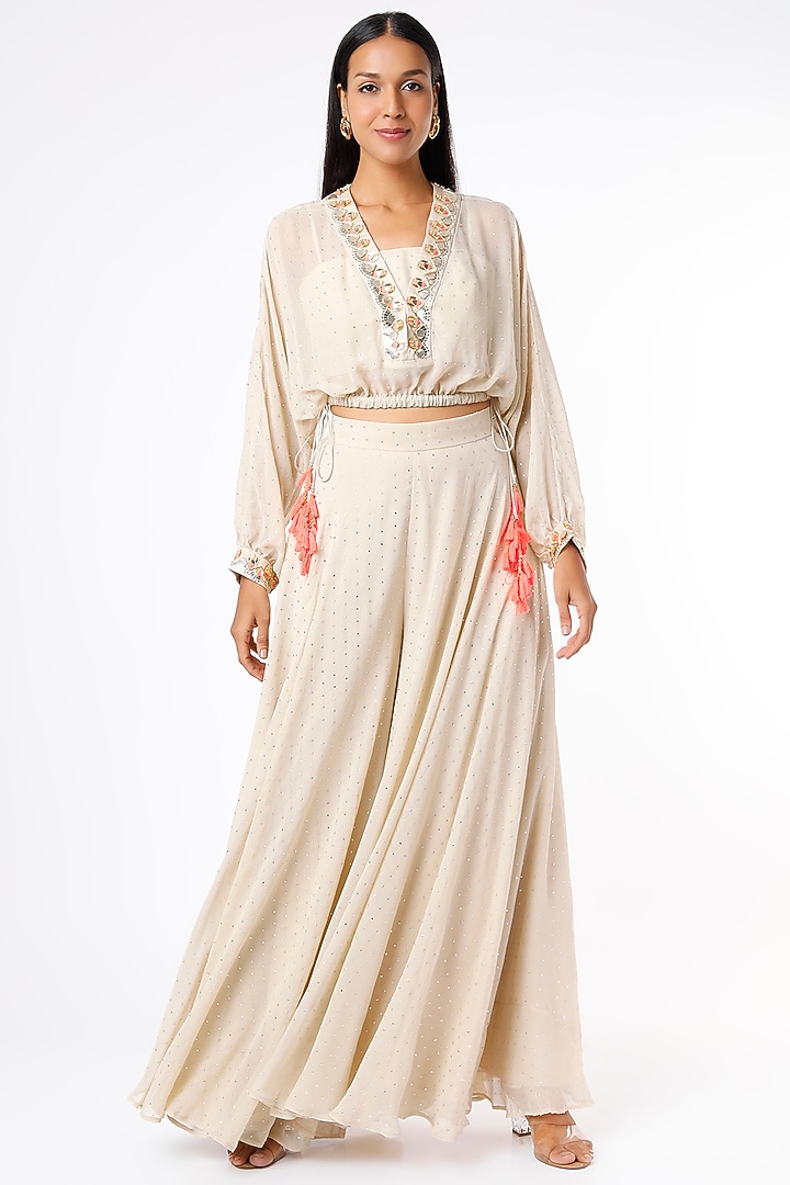 Beige Foil Georgette Wedding Sharara Set by Maison Blu at Pernia's Pop Up Shop