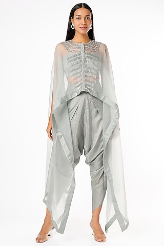 Grey Embroidered Cape Set by Maison Blu