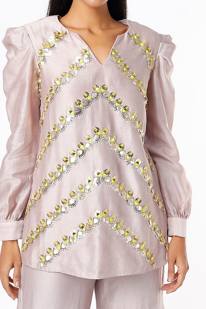 Mauve Foil Georgette Mirror Embroidered Gharara Set by Maison Blu at Pernia's Pop Up Shop