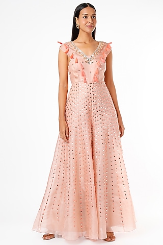 Peach Organza Silk Embroidered Jumpsuit by Maison Blu