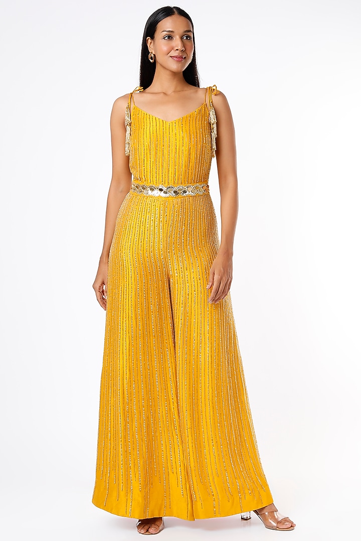 Mustard Organza Silk Embroidered Jumpsuit With Belt by Maison Blu at Pernia's Pop Up Shop