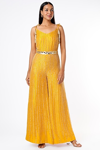 Mustard Organza Silk Embroidered Jumpsuit With Belt by Maison Blu