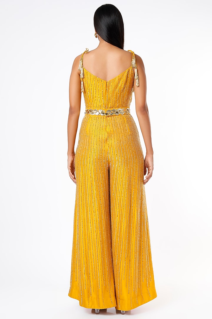 Mustard Organza Silk Embroidered Jumpsuit With Belt by Maison Blu at Pernia's Pop Up Shop