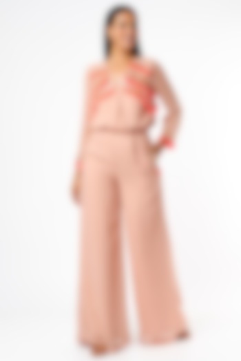 Peach Foil Georgette Embroidered Jumpsuit by Maison Blu