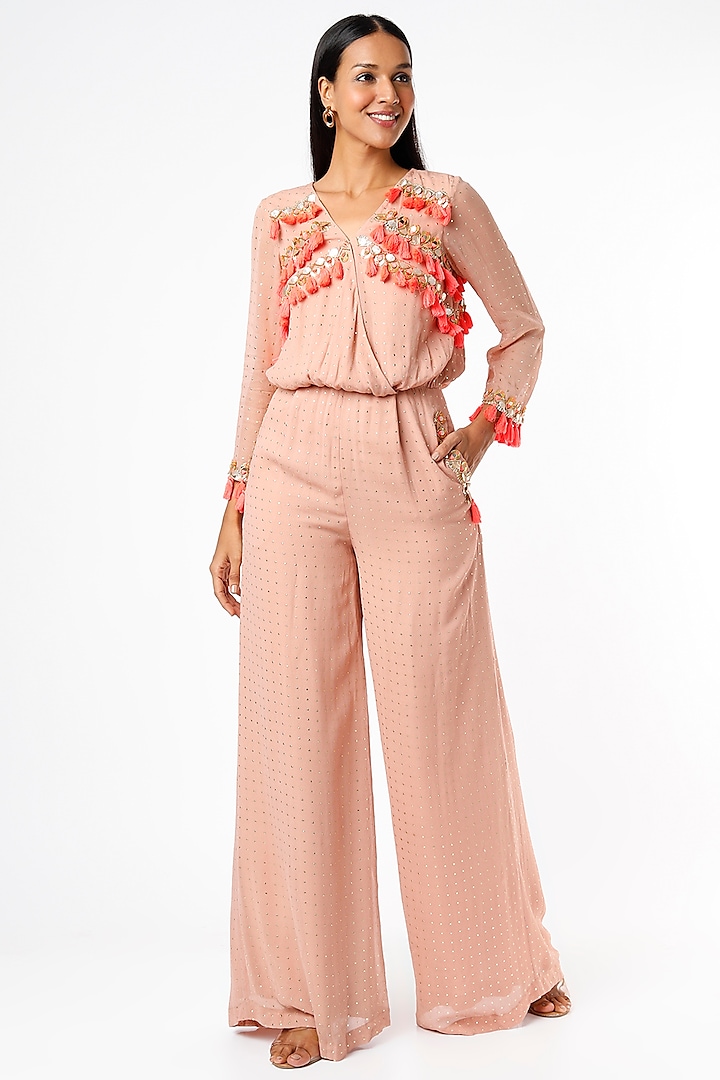 Peach Foil Georgette Embroidered Jumpsuit by Maison Blu
