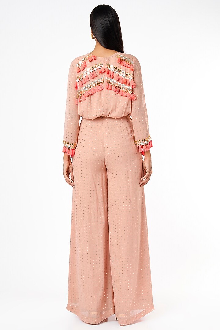 Peach Foil Georgette Embroidered Jumpsuit by Maison Blu at Pernia's Pop Up Shop