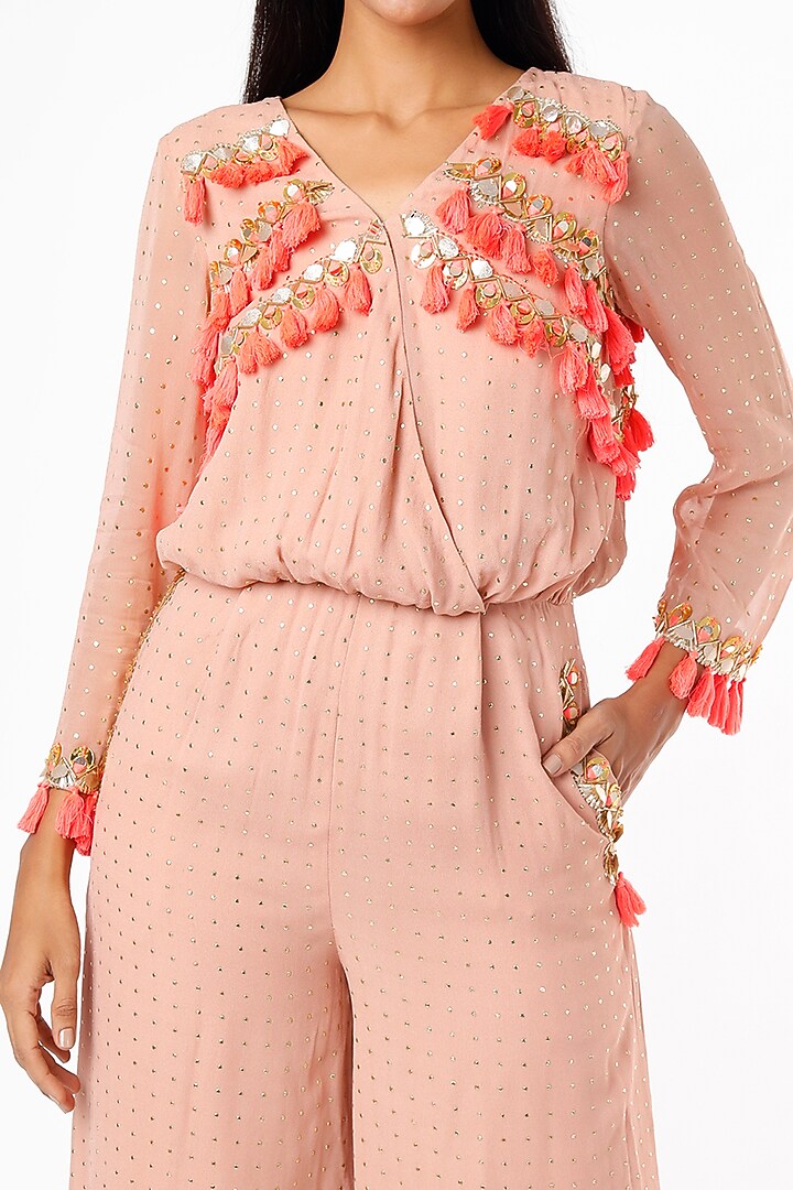 Peach Foil Georgette Embroidered Jumpsuit by Maison Blu at Pernia's Pop Up Shop
