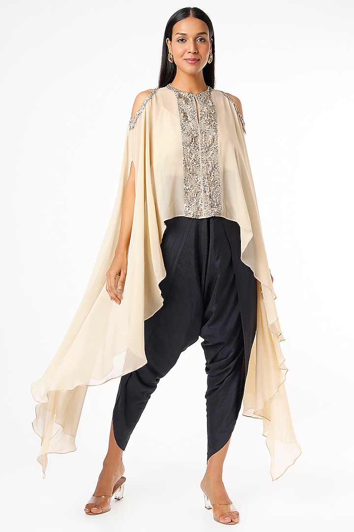 Beige Pure Georgette Embroidered Cape Set by Maison Blu