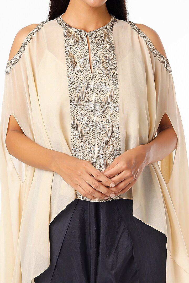 Beige Pure Georgette Embroidered Cape Set by Maison Blu at Pernia's Pop Up Shop