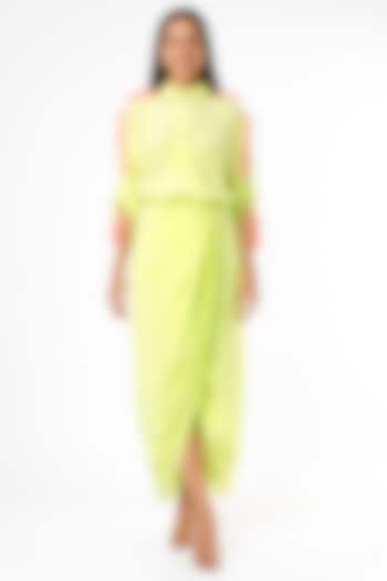Lime Silk Embroidered Midi Dress by Maison Blu