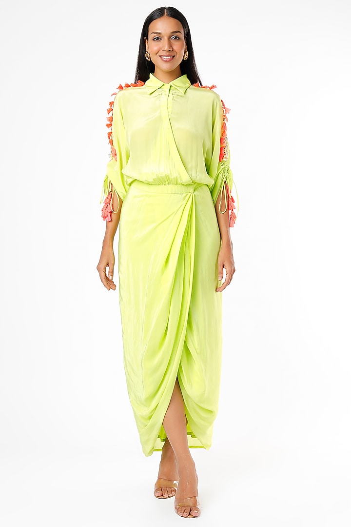 Lime Silk Embroidered Midi Dress by Maison Blu