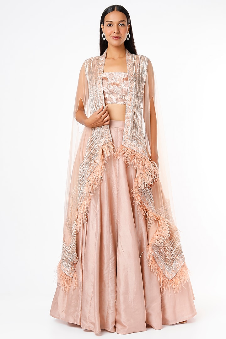 Peach Silk Embroidered Skirt Set by Maison Blu at Pernia's Pop Up Shop
