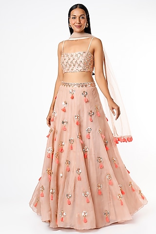 Peach Organza Silk Embroidered Lehenga Set by Maison Blu
