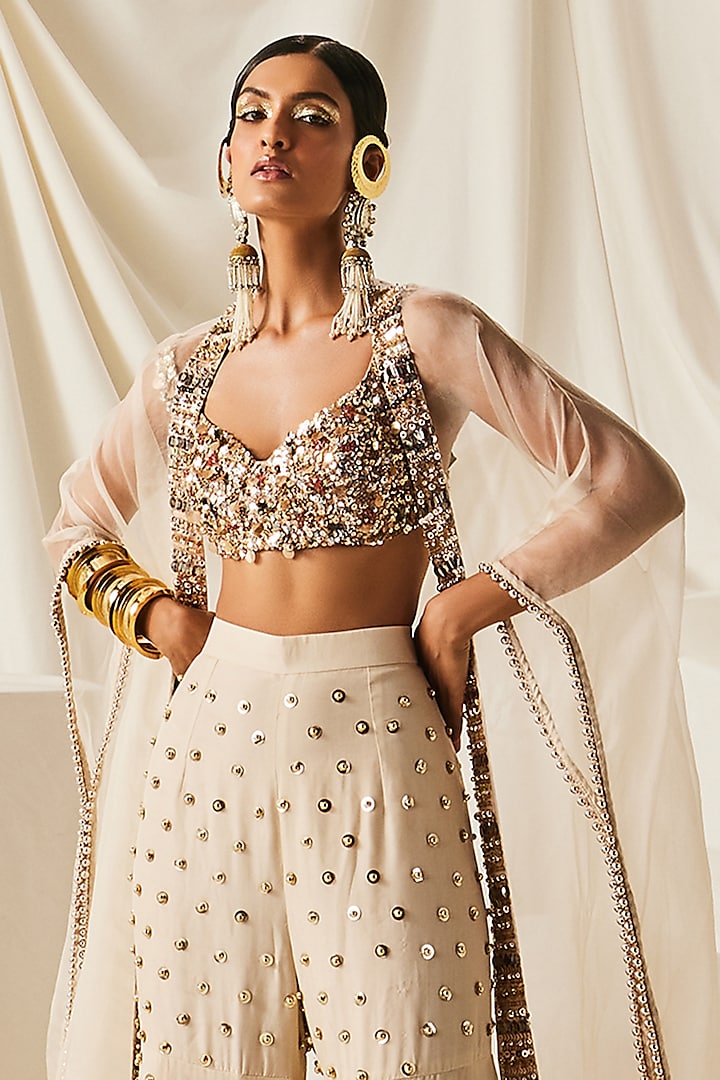 Ivory Organza & Dupion Silk Embellished Gharara Set by Maison Blu at Pernia's Pop Up Shop