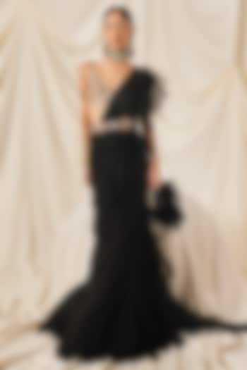 Black Georgette & Organza Draped Skirt Saree Set by Maison Blu