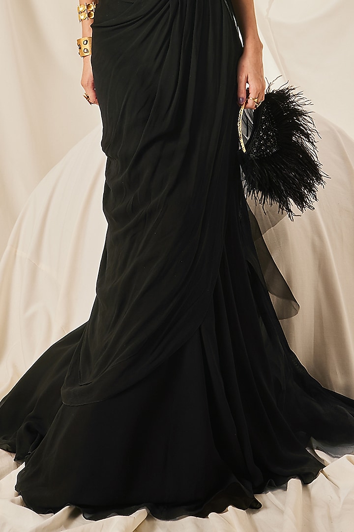 Black Georgette & Organza Draped Skirt Wedding Saree Set by Maison Blu at Pernia's Pop Up Shop
