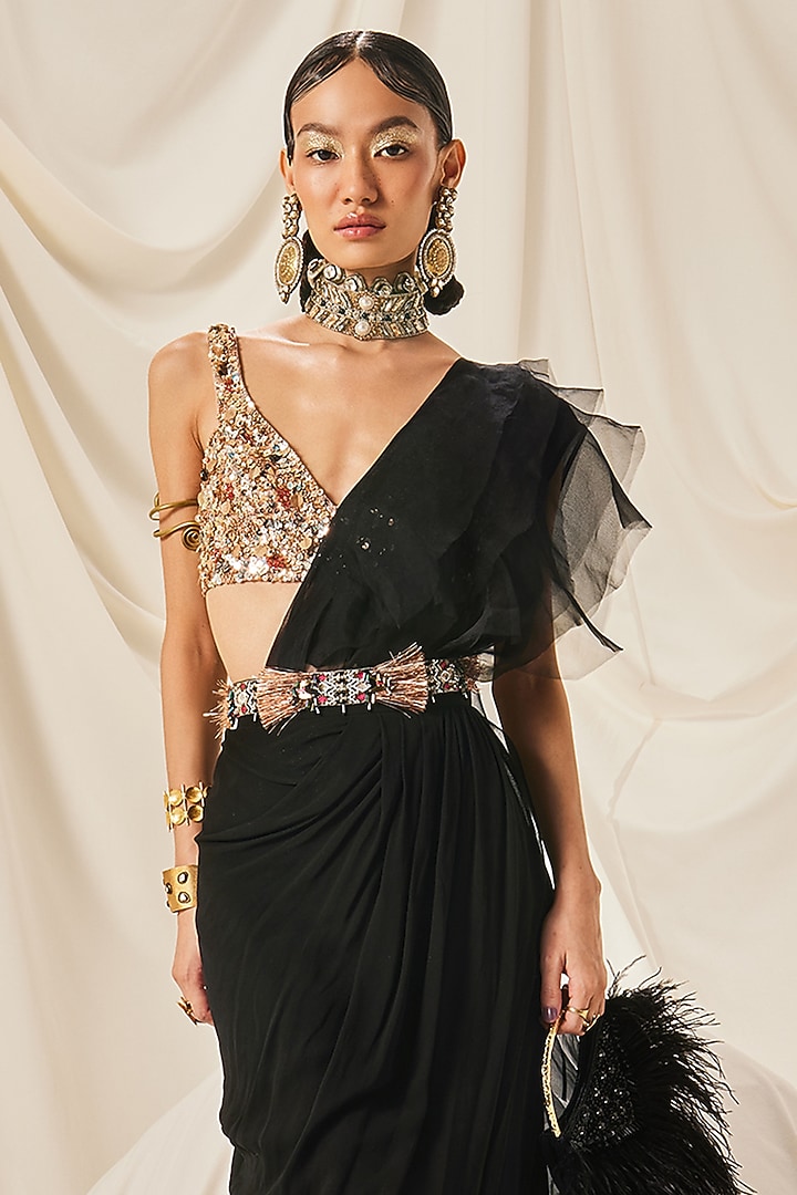 Black Georgette & Organza Draped Skirt Wedding Saree Set by Maison Blu at Pernia's Pop Up Shop
