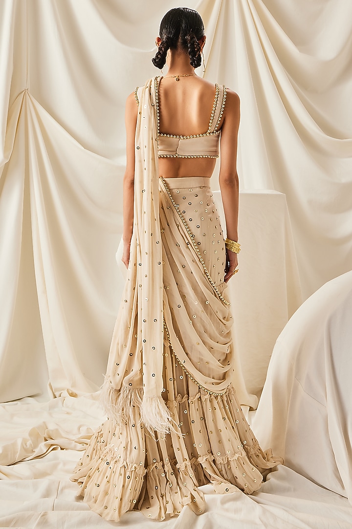 Ivory Georgette & Art Silk Sequins Embroidered Tiered Skirt Wedding Saree Set by Maison Blu at Pernia's Pop Up Shop
