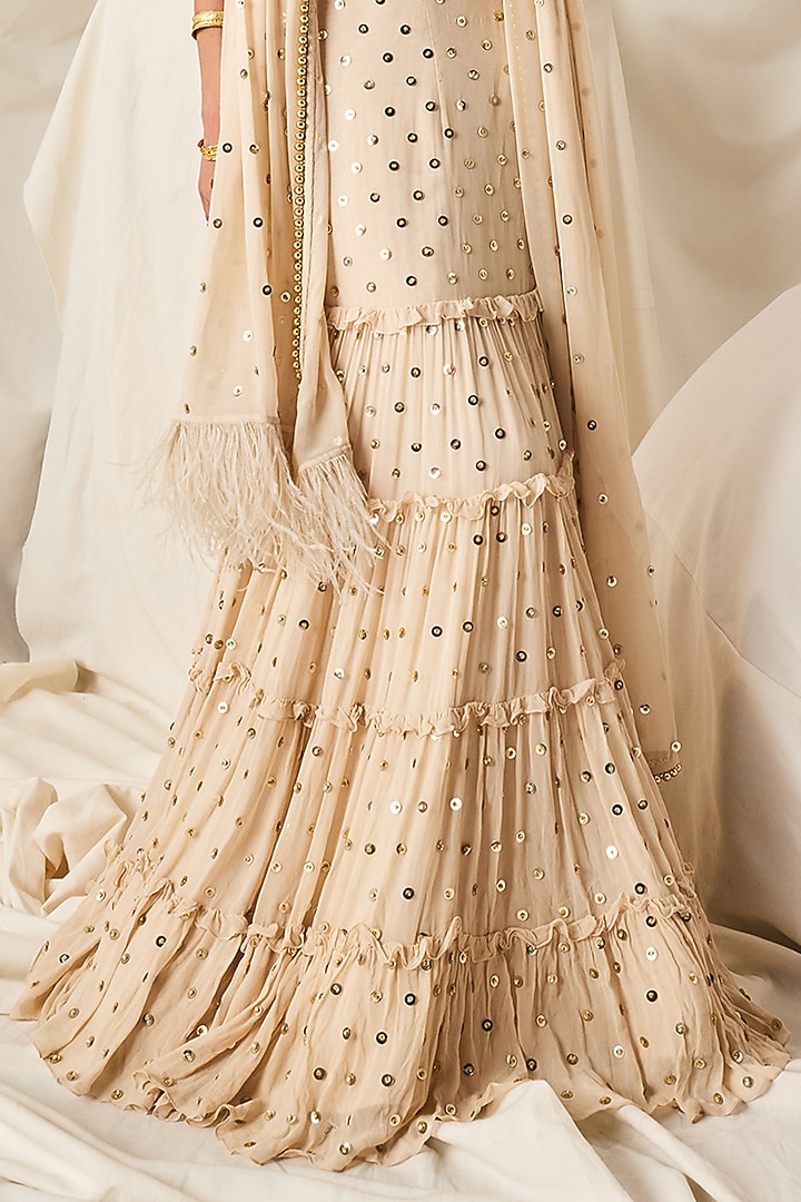 Ivory Georgette & Art Silk Sequins Embroidered Tiered Skirt Wedding Saree Set by Maison Blu at Pernia's Pop Up Shop