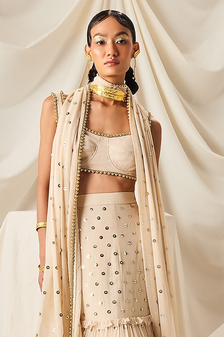 Ivory Georgette & Art Silk Sequins Embroidered Tiered Skirt Wedding Saree Set by Maison Blu at Pernia's Pop Up Shop